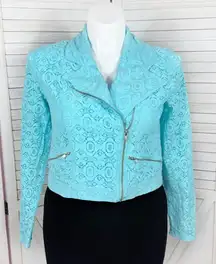 Cato Lace Full Zip Cropped Boho Moto Jacket Turquoise Teal Blue Large