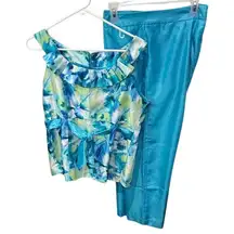 Studio I Petite Women's 2 Piece Tank Top Pants Set Blue Green‎ Size 14P