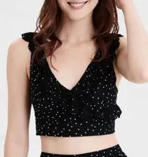 American Eagle XS Crop Top Black White Polka Dot Eyelet Scalloped Ruffle V-Neck