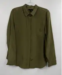 J.Crew Silk Button Down Shirt Olive Green Long Sleeve Classic Fit Women Size 14
