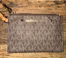 Michael Kors Wristlet Card Case Coin Purse Brown MK Logo Zip Small Wallet‎