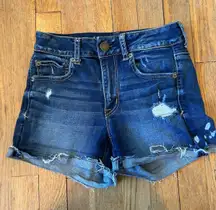 American Eagle Denim Shorts Distressed Rips Cuffed Hem Dark Wash‎ size 2