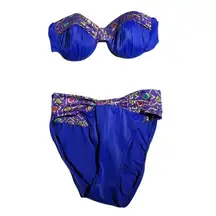 Vtg 1990s Catalina Cobalt Blue Geometric Trim Underwire 2 Pc Nylon Bikini Sz 12