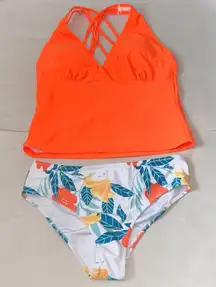 Orange Bikini Top and Floral‎ Bottom Set New M