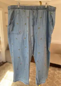 Basic Editions Floral Embroidered Chambray Denim Pants L Cottagecore Boho Lounge