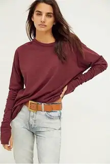 Free People New  Arden Tee Long Sleeve Oversized Cotton Burgundy Red Size XS