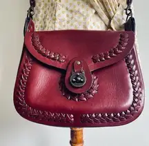 Halikarnas Vintage Crossbody Purse Burgundy Leather Handmade Braided Details