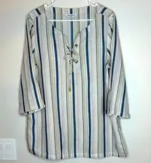 Tommy Bahama Women's 3/4 Sleeve Striped Linen Tunic Top L Lace Up V Neck Boho