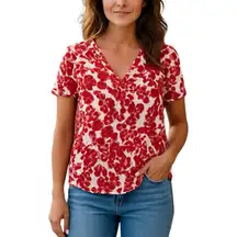 Tory Burch Katie Red and White Floral V-Neck Blouse 6