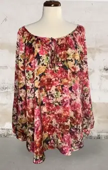 Cha Cha Vente Orange Floral Watercolor Smock Long Sleeve Satin Flowy Tunic L