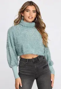 Teal Fuzzy Cropped Turtleneck Sweater