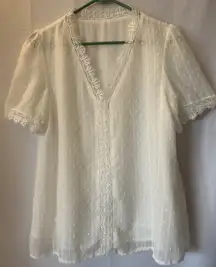 White Swiss Dot Blouse S Sheer‎ Lace Neck Lace Trim Lined Romantic Cottagecore