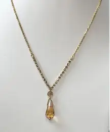 Gold Rhinestone Necklace With Amber Crystal Drop Pendant