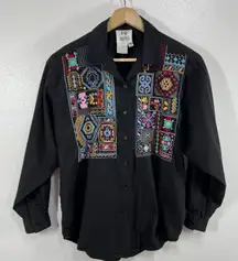 Vtg.TOGETHER! Black Button Up Shirt Medium‎ Embroidered Boho Ethnic Folk Artsy