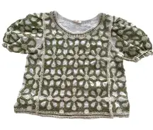 Anthropologie Solitaire Floral Green and White Puff Sleeve Crochet Top L