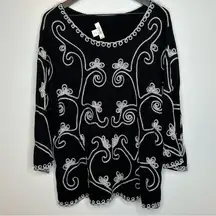 Embroidered Black and White Long Sleeve Top Size 2X