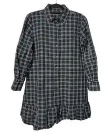 ABLE Shelby Flounce Shirt Dress Women's Medium Long Sleeve Button Up Black Plaid