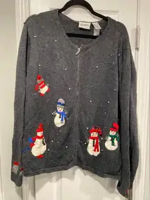 VTG Curve Size 1X Gray Embellished Cotton Ramie Snowman Full Zip Cardigan