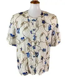Maggy London Nautical Chain Print Polka Dot Silk Blouse Short Sleeve 16