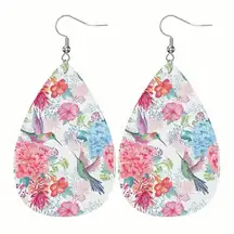 Pink Flower & Hummingbird Pattern Drop Earrings‎ Lightweight Faux Leather