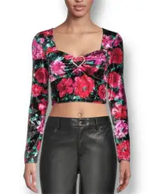 Madden NYC 3X Black Velvet Floral Cropped Top Rhinestone Heart Y2K Whimsigoth