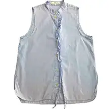 Tibi pastel blue sleeveless fringe distressed cotton button down size 6‎