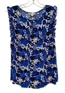 Boden Floral Ruffle Sleeveless Pleated Blouse Women's 6 Blue Career Feminine