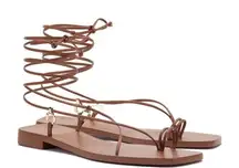 Larroude Portofino Flat Sandals in Caramel Leather 6 With Box Womens Wrap Slides