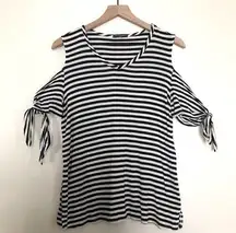 CHA CHA VENTE BLACK & WHITE STRIPED OPEN COLD SHOULDER TIE SLEEVE SHIRT TOP