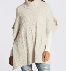 LOFT Cable Knit Short Sleeve Turtleneck Poncho Sweater Beige Cream XS / S