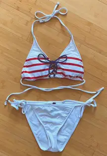 Red and White Stripped Bikini Set