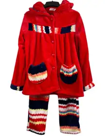 Rou Phang Extra Warm Soft Red Stripe Long Sleeve Top Bottom Pajama Lounge Set L