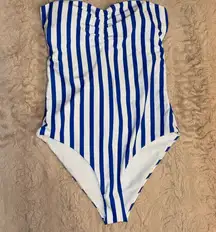 Blue and white one-piece striped strapless swimsuit in size M with bow in back