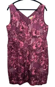 Garnet‎ Hill Size 16 Maroon Purple Floral 100% Silk Knee Length Dress Wedding