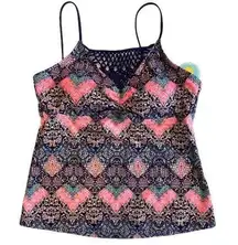 ISLAND SOUL Macrame Navy Multicolor Metallic Pattern Tankini Top
