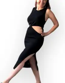 Midriff cutout Sweater Dress Cut out Waist 2 way, black, size L, side slit