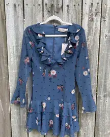 Keepsake Run Free Floral Print Ruffled Dress Blue Size XS Long Sleeve New