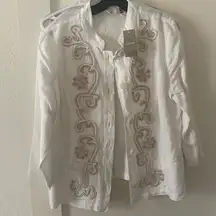 Chico’s 100% Linen Lightweight Boho Beaded Blazer Button Front Jacket Size 2 (L)