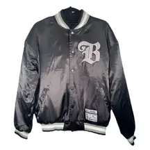 Bella Dona Love Satin Bomber Jacket Varsity Style Ribbed Trim Women’s Size M