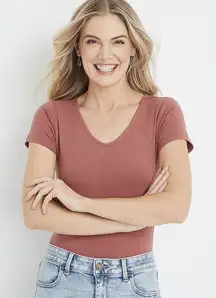 Maurices 24/7 Bodysuit Women's Small Rose Pink Short Sleeve Snap Bottom Stretch