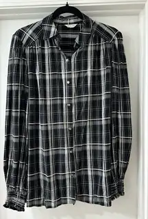Max Studio Black & White Plaid Button Down Shirt with Ruffle Sleeves, Size Small