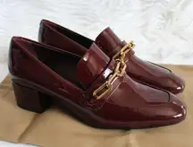 Burberry Burgundy Red Chillcot Chain Patent Leather Block Heel Loafer Pump