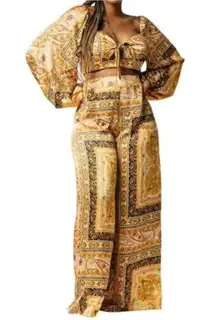 NEW Luxxel Gold Scarf Print Set Pants Crop Top Boho Street Bollywood Long Sleeve