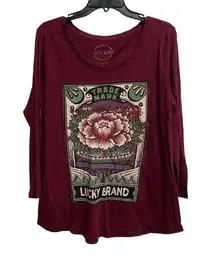 Lucky Brand Women’s Large Long Sleeve Tee Maroon Crewneck Pullover Flower Print