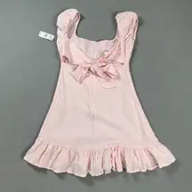 Beverly and Beck Mini Dress S Bow Tie Pink Puff Sleeve Square Neck Ruffle HemNWT
