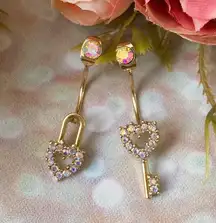 Gold Moon Stone Hearts And Key Studded Earrings 