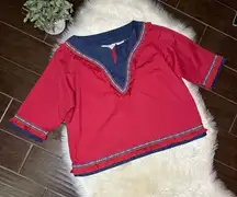 Victoria Jones Women Red/denim fringe linen blouse sz 2X