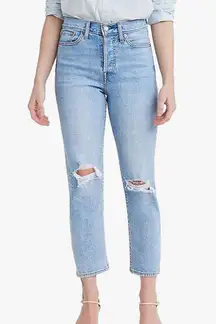 LEVIS- Wedgie Straight Distressed Knee Button Fly Denim Jeans Blue