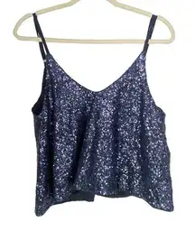 Tobi Women’s Sz S Sequined Navy Crop Top Party Tank Plunging V-Neck Loose Fit