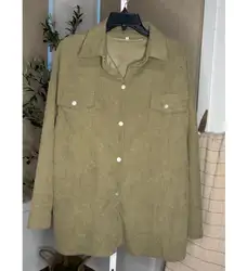 Women's Olive Green Waffle Knit Shacket Button Down Shirt with Pockets L